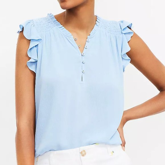 NWT LOFT | Ruffle Button Mixed Media Top Blouse Light Baby Blue Button Detail - Picture 1 of 6
